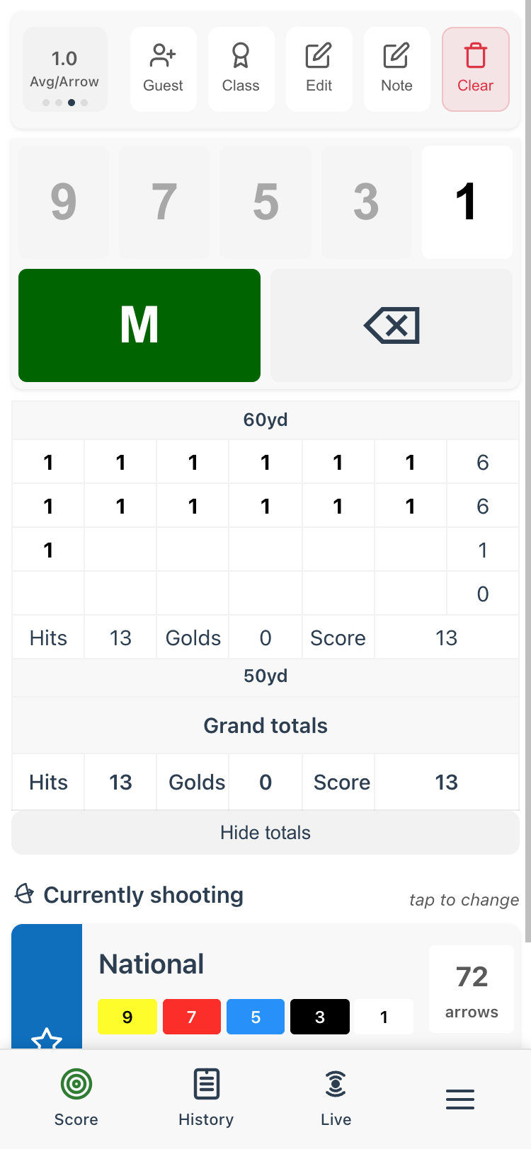 Scorecard top bar showing 1.0 Avg/Arrow with dots indicating swipeable stats