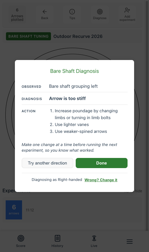 Bare shaft diagnosis showing arrow is too stiff with three suggested actions