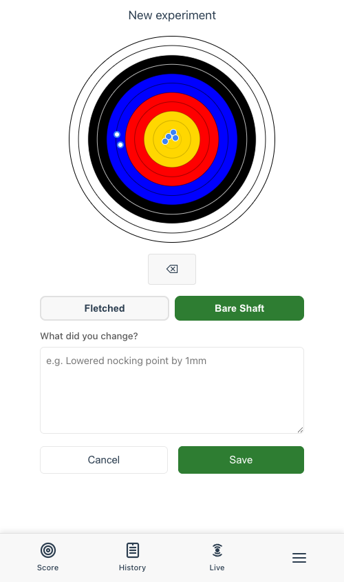Target face showing plotted fletched and bare shaft arrows with toggle buttons