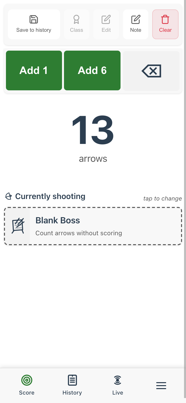 Blank Boss mode showing Add 1 and Add 6 buttons with 13 arrows counted