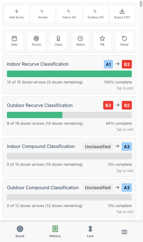 History page showing Export CSV button in the top action bar