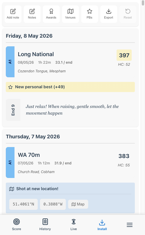 The Diary page in Fast with an Export button in the toolbar, above entries showing rounds, locations, a personal best badge and a reflection note