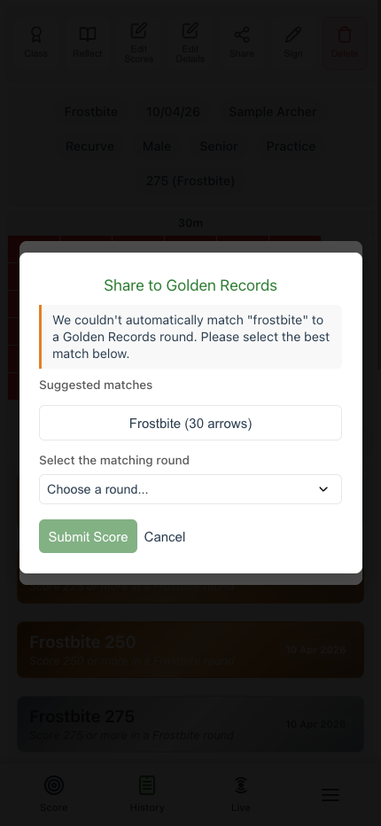 Share to Golden Records picker showing a suggested round chip above the full dropdown