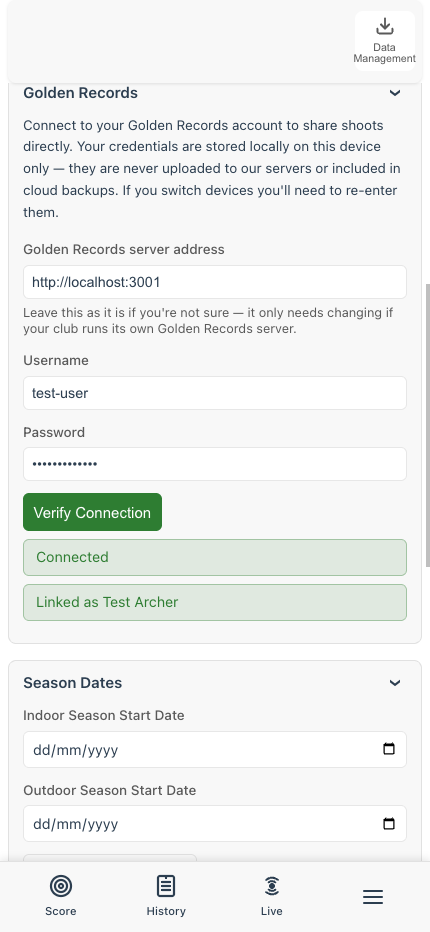 Golden Records section on the You page showing server address, username, password, Verify Connection button, and a confirmation that the account is linked