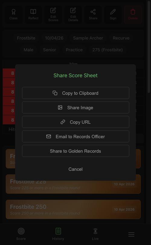 Share Score Sheet modal with the new Share to Golden Records option alongside the usual share options
