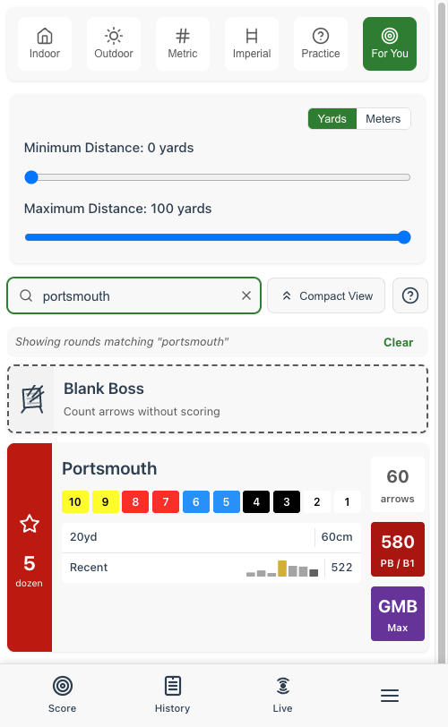 Portsmouth round card showing a row of small bars next to the word Recent, with the personal best bar picked out in gold and the most recent score 522 written out beside it
