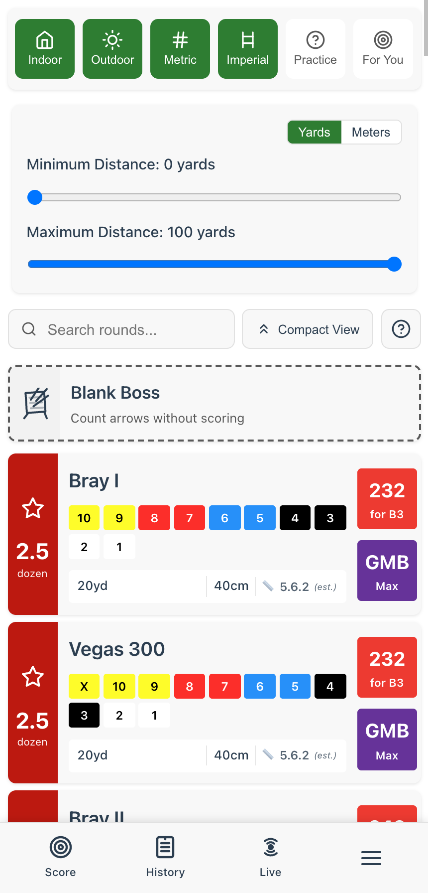 Round selector showing Blank Boss, a favourited Bray I round with star icon, and target classification score of 232 for B3