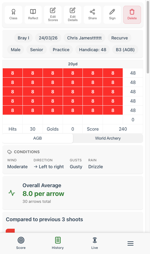 Shoot view showing AGB and World Archery scoresheet toggle and weather conditions