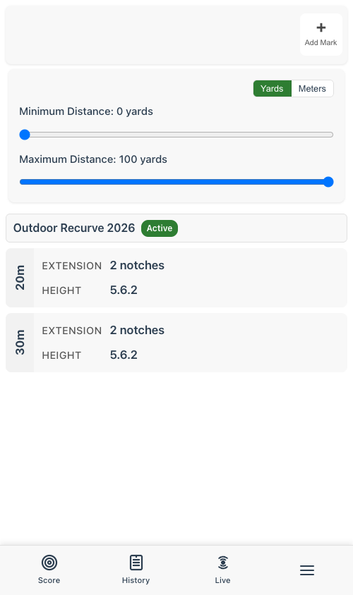 Sight marks page showing distance sliders and equipment grouping