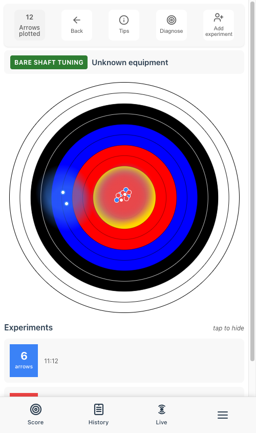 Tuning target face showing a glowing heatmap overlay where the arrows have grouped