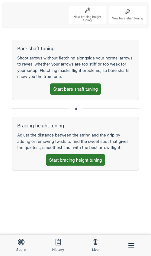 Tuning page showing bare shaft and bracing height tuning options