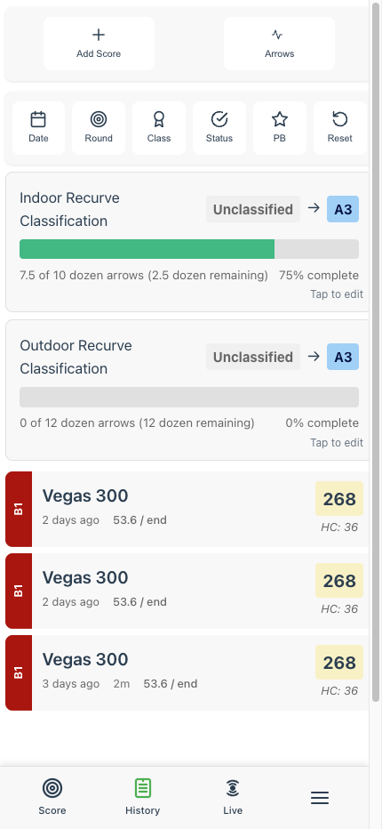 History page showing shoots and classification progress