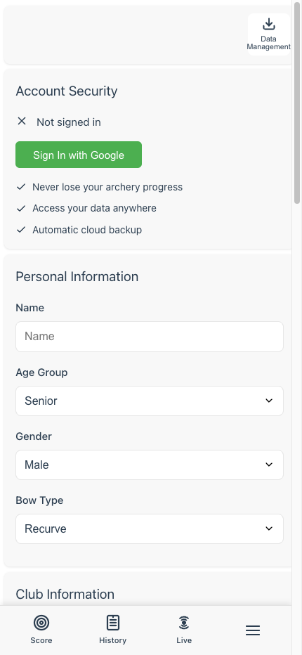 Profile settings page