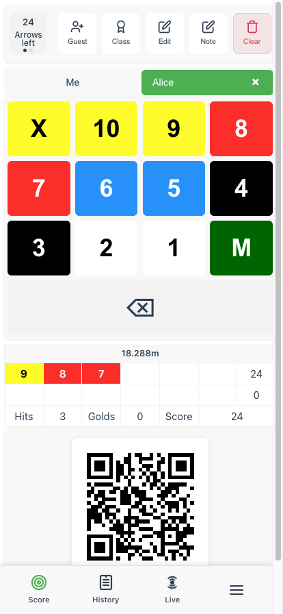 Guest scoring with QR code for sharing