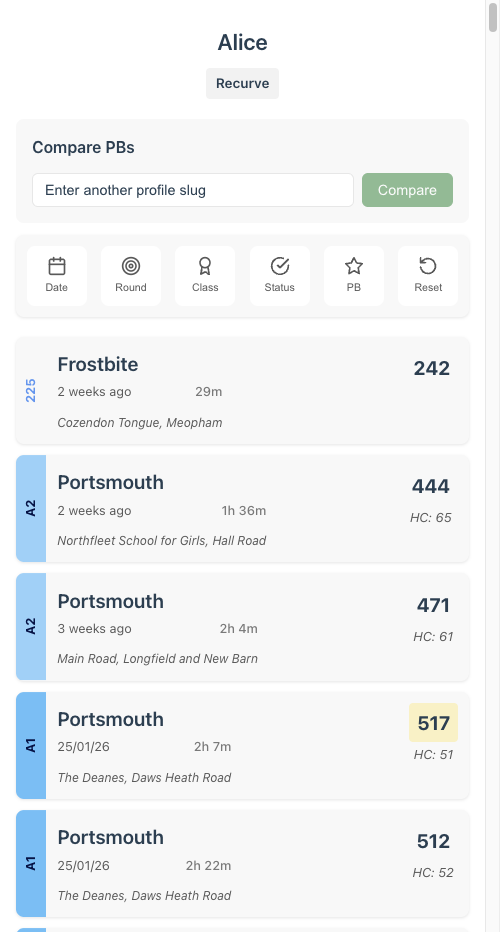 Public profile page showing name, bow type, and shoot history
