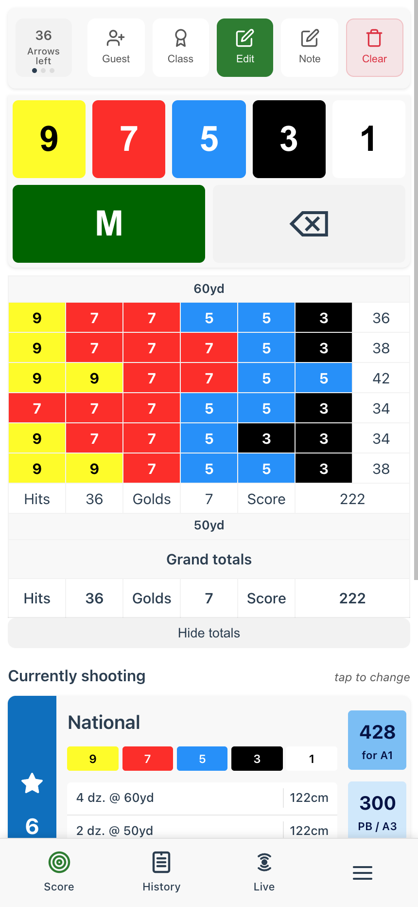 Edit mode active with all scores tappable