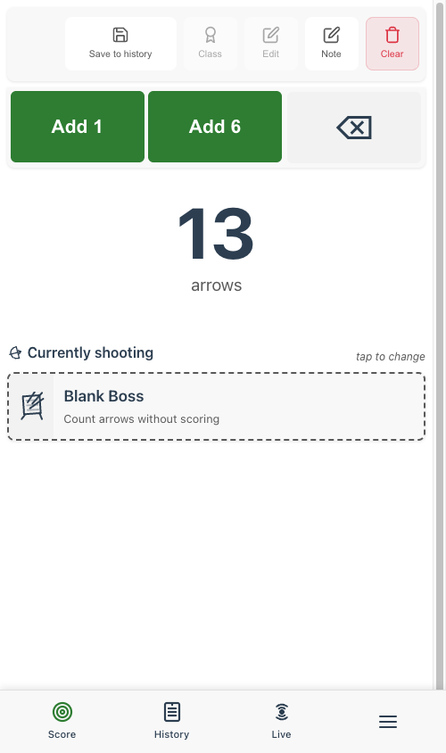 Blank boss scoring UI with Add 1, Add 6, and Undo buttons