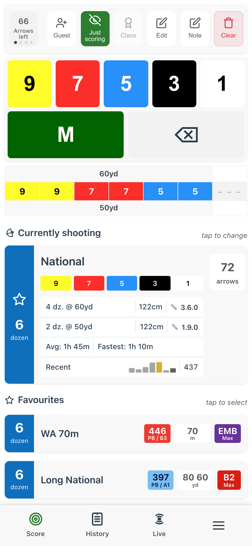 Score card with Just scoring mode on: the running totals are replaced by dashes and the Just scoring button is highlighted